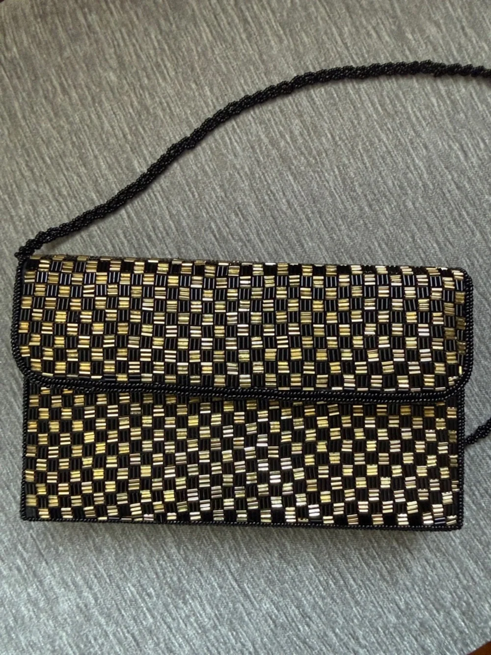 Vintage Beaded Checkerboard Clutch Crossbody Bag Gold Black Art Deco